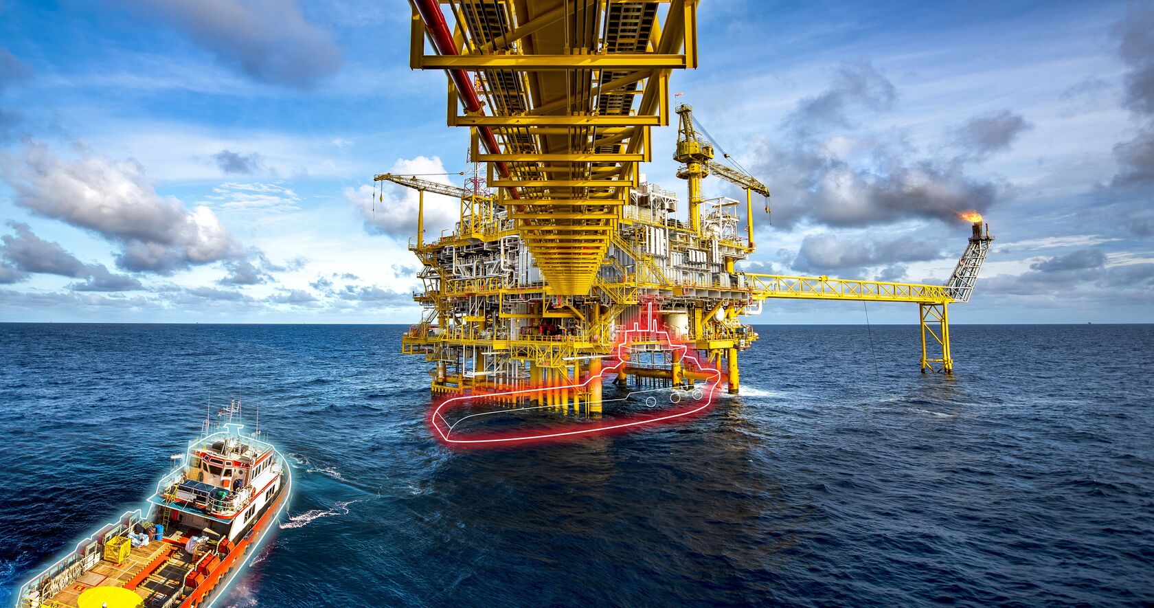Offshore support vessel approaching an oil rig, colourful outlines symbolize how spoofing could make the positioning officer collide with the rig.